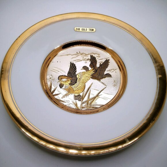 Japanese Chokin Art Plate With 24K Gold Trim & Bird Engraving 7.75" Diameter - Picture 2 of 8